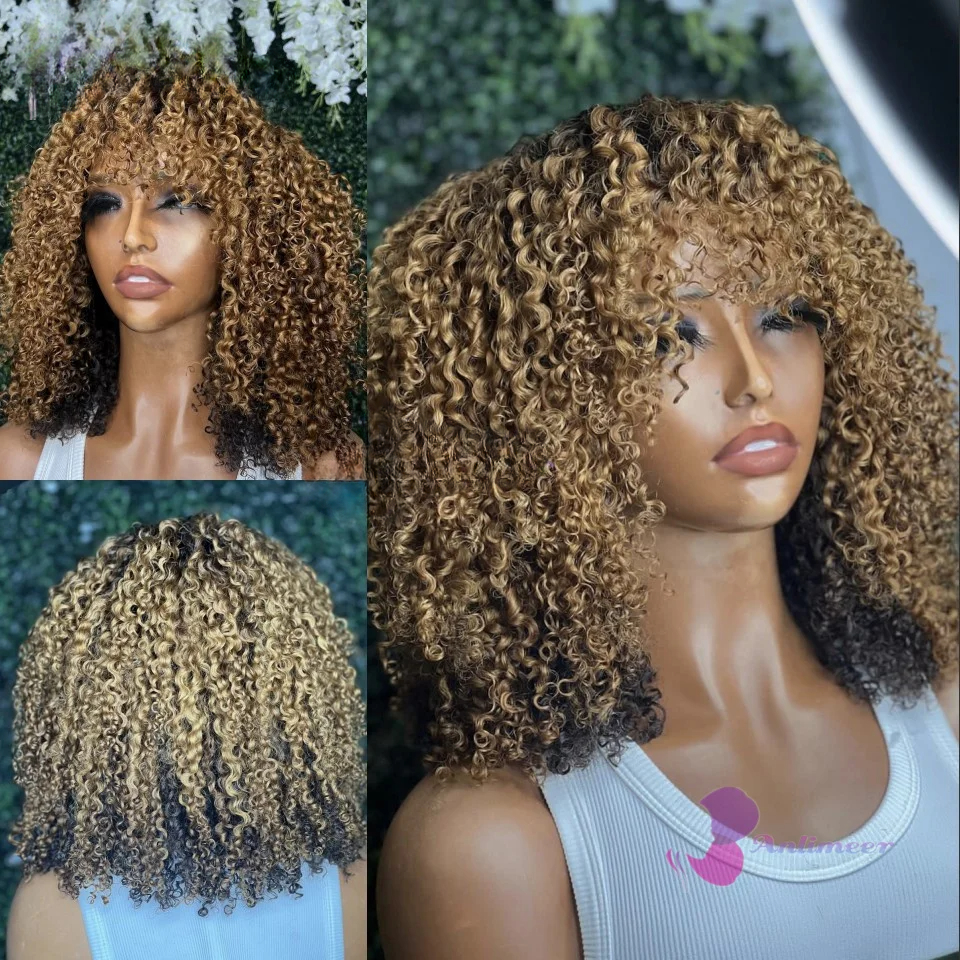 Free shipping Brazilian Highlight Blonde short Afro Kinky Curly Human Hair Wigs with Bangs for Women 250% Density Colored Black /brown /red Full Lace 