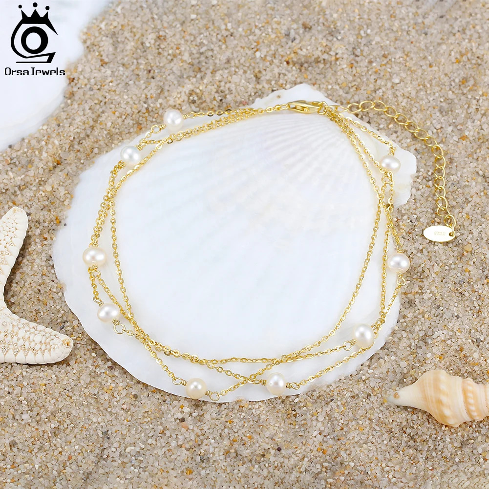 ORSA JEWELS Triple Layered Pearls Beads Anklets 925 Silver Foot Chain Fashion Women Summer Foot Bracelet Straps Jewelry OSA52 250107