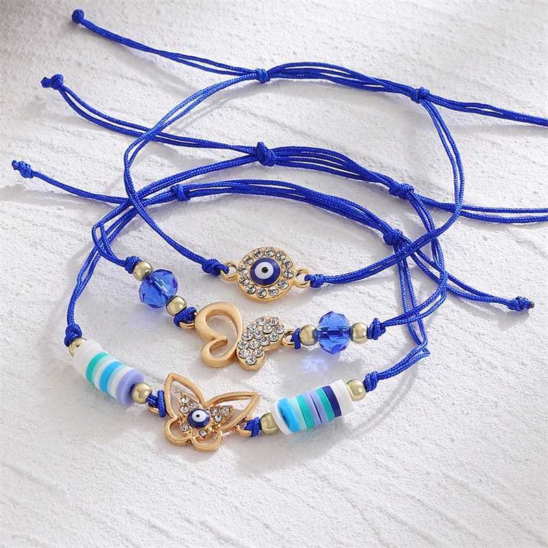 3Pcs Evil Eye Bracelet for Women Lucky Amulet Protection Rhinestone Flower Butterfly Handmade Adjustable Wristband Charm JewelryXJ250109
