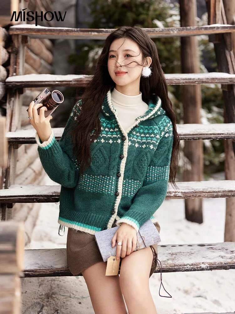 MISHOW Fair Isle Knitting Hooded Sweater Color Clash Wool Blend Coat Cardigan Women Single Breasted Top Office Lady Mxd59z1160