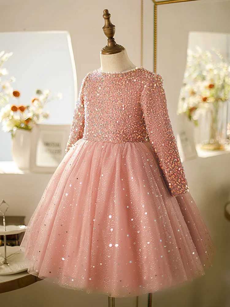 Sequin Flower Girl Dress For Wedding Princess Shining Pink Tulle Puffy With Bow Cute Kids Baby Birthday Par Dress Ball GownXJ250108
