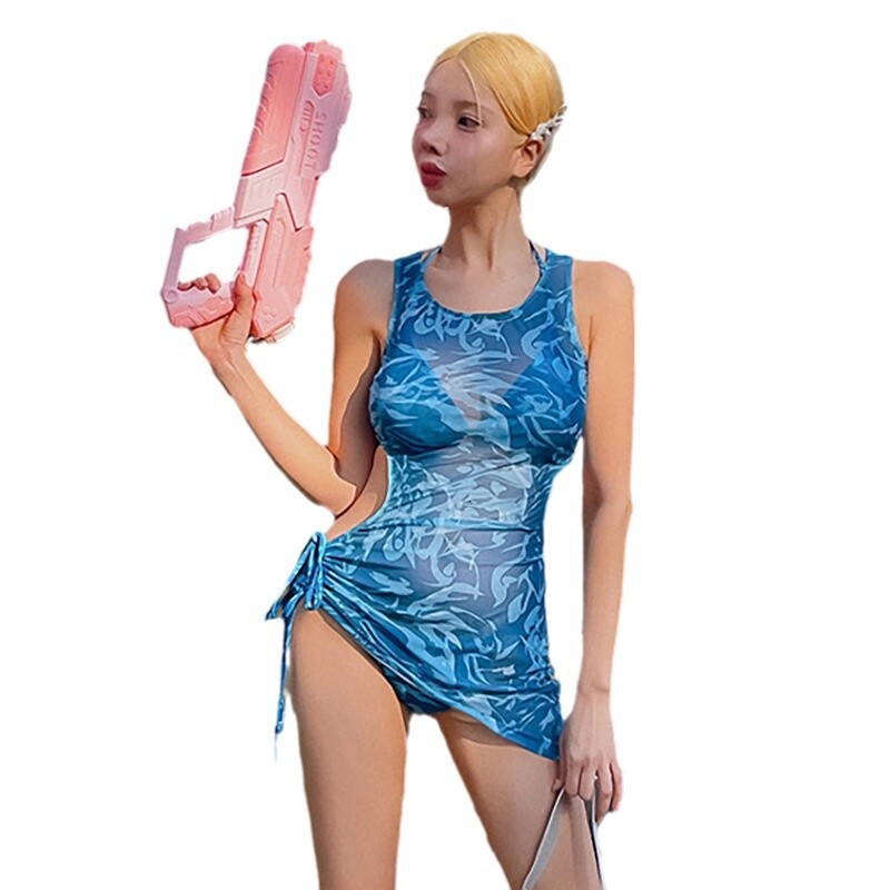 Three piece set of high-end small fragrance printed 2025 South Korean new hot spring backless one-piece swimsuit women's dress designer trendy be