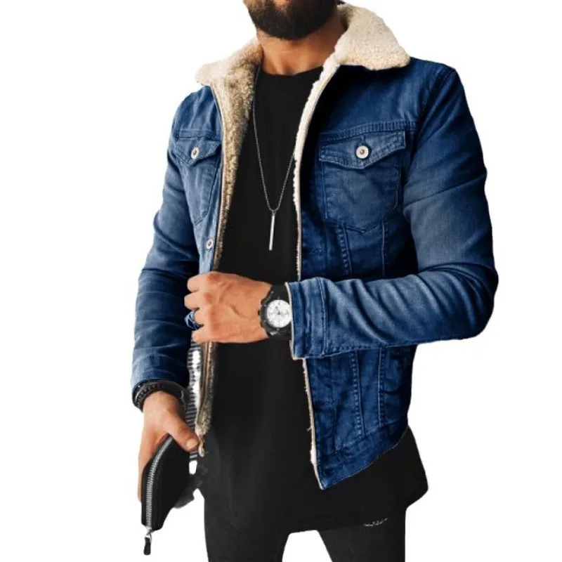 EuroAmerica Denim Jacket Punk Fleece Mens Winter Korean Fashion Men Clothing 250107