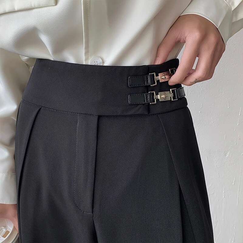 Stylish Suit Pants Men's Loose Casual Elegant Trendy Wide Leg Metal Buckle Design Straight Trousers