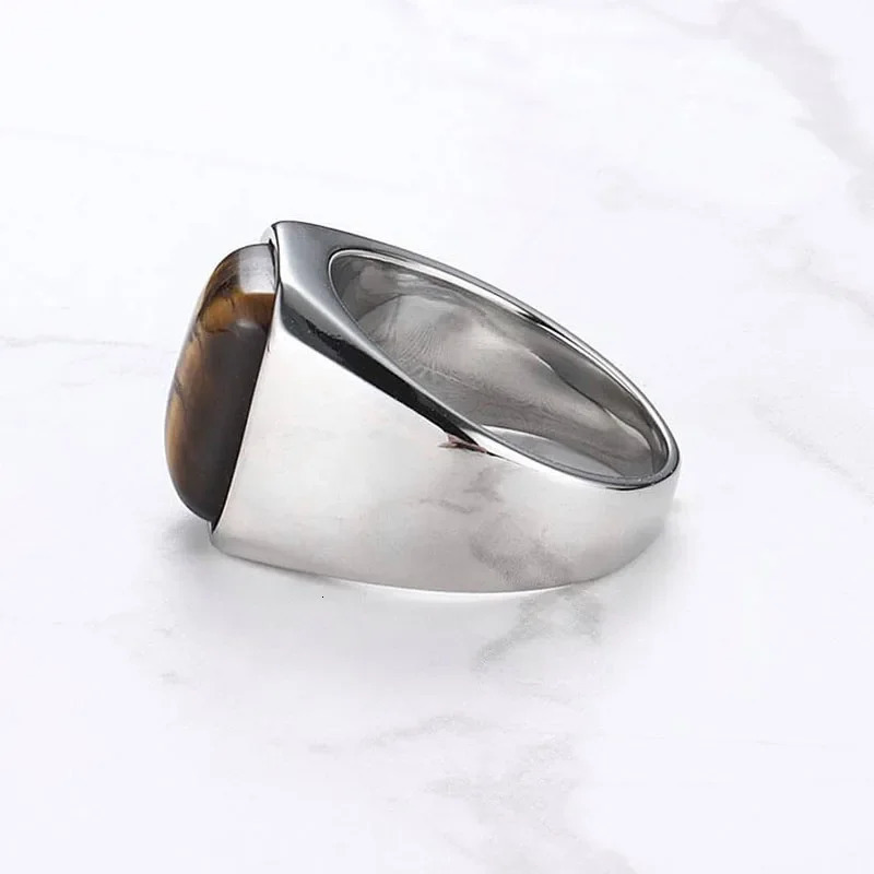 Natural Gemstone Tiger Eye Signet Ring Stainless Steel Waterproof Handmade Jewellery Rings for Men Women Father Boyfriend Gift 250106