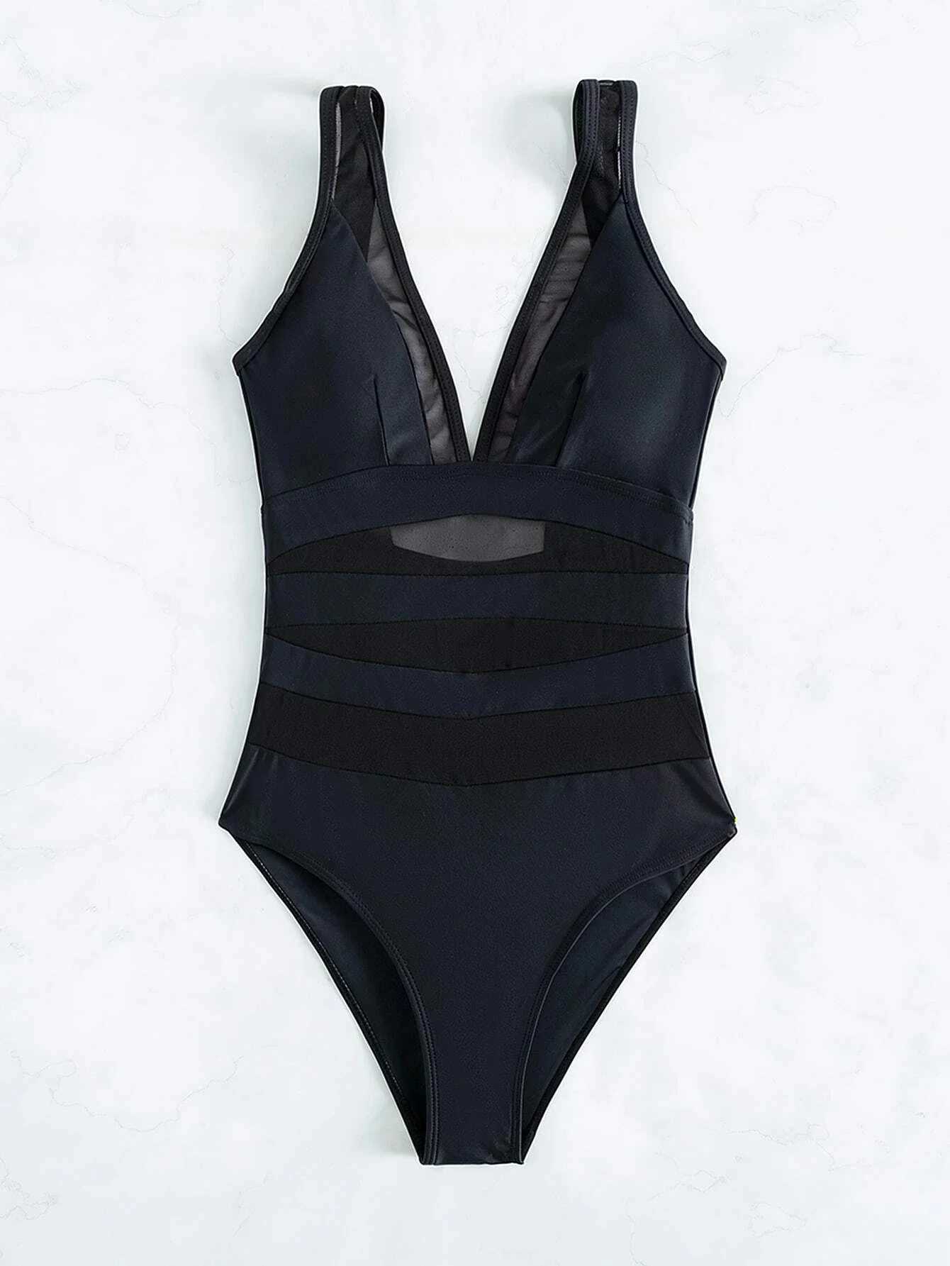 Beach Bodysuit Plain Contrast Mesh One Piece Swimsuit Women Swimwear Slimming Bathing SuitXJ240108