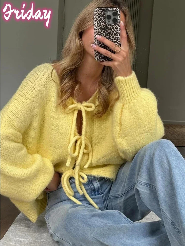Womens Tie Front Bow Cardigan Sweaters Oversized Chunky Knit Cardigan Long Sleeve Open Front Loose Knitwears Bow Pink Tops 250106