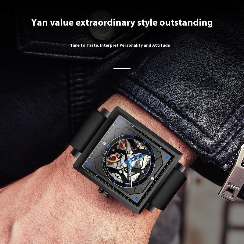 Fashionable SOLLEN Men's Square Skeleton Watch with Rubber Band