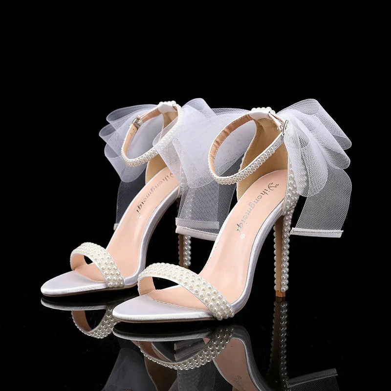 Fish Mouth High Heels Shallow Mouth Rhinestone Pearl Sandals Womens Wedding Bride Shoe 250106