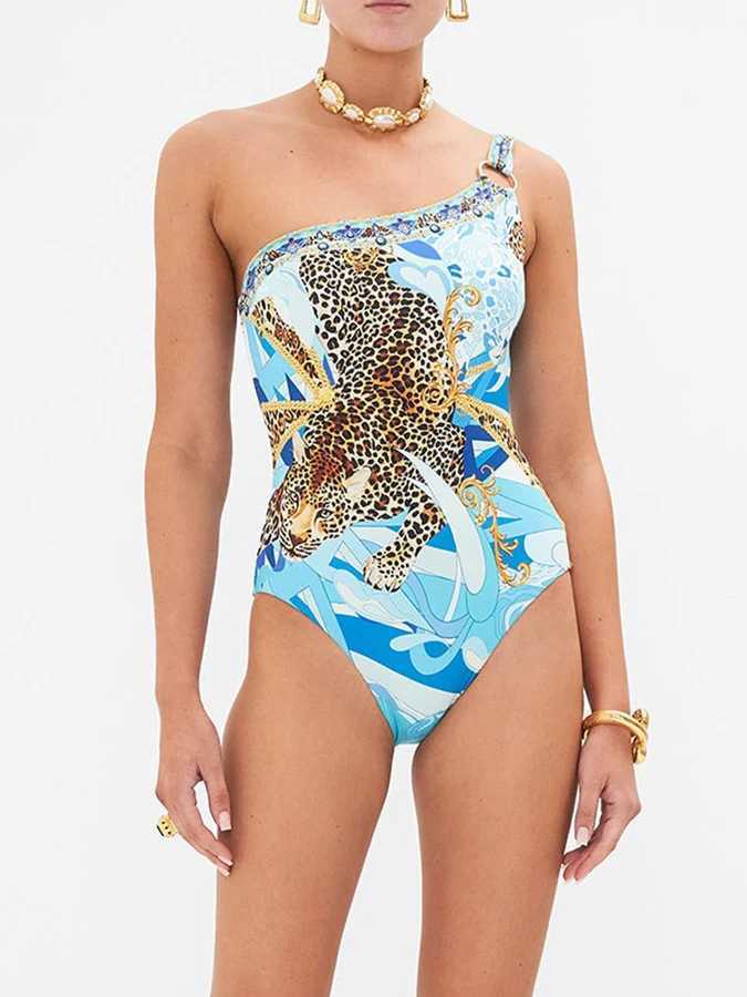 Womens Seaside Wave Blue opard Print One Piece Bikini Slim Fit Swimsuit with Trunks Fashion Design Fresh Design 2025XJ240108