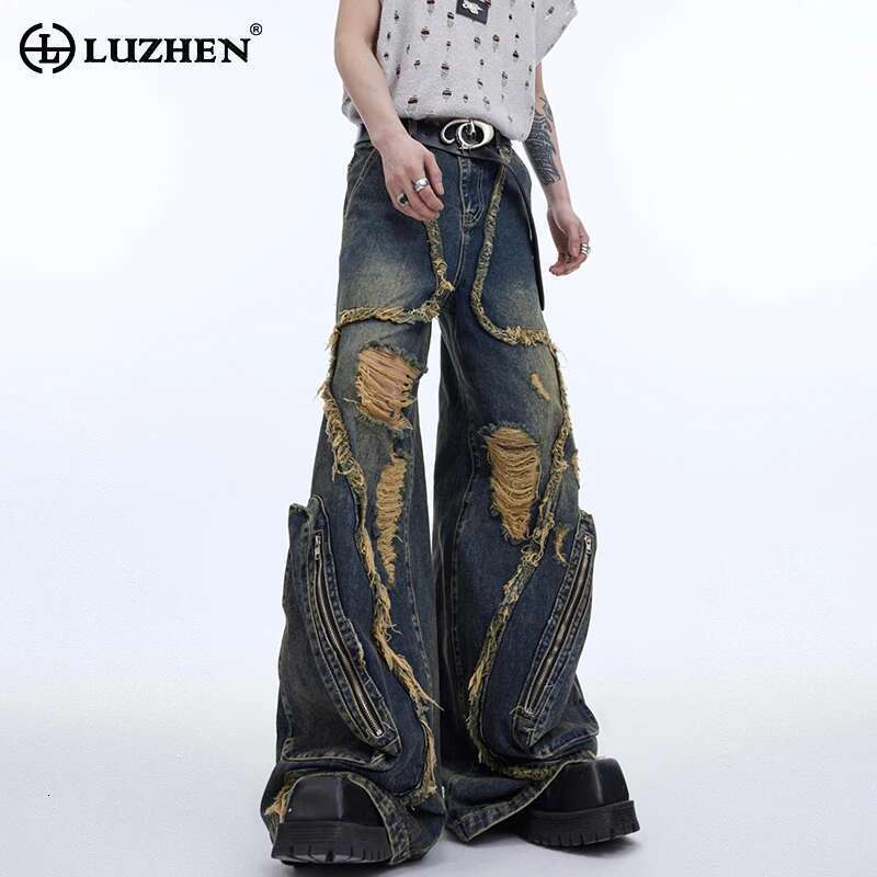 Fashion Wornout Splicing Burr Edge Design Street Denim Pants Men 2024 New Trendy Personalized Original Male Jeans