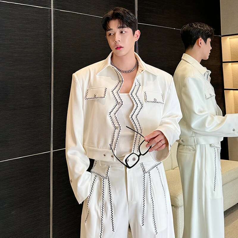 Wave Embroidery Short Jacket Set Casual Personalized Handsome Korean Elegance Men Clothing Fashion Pants Two Piece
