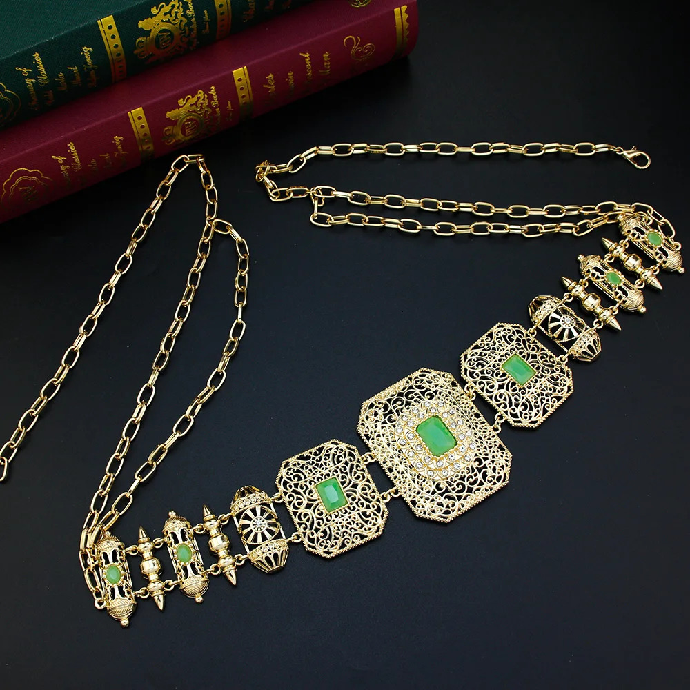 Sunspicems Gold Color Metal Morocco Waist Chain Belt For Women Caftan Square Belt Crystal Bride Wedding Jewelry Arab Body Chain 250107