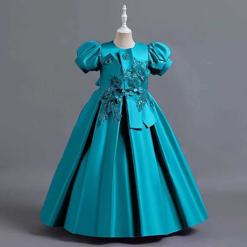 New Girls Satin Handmade Beaded Puffy Princess Bubble Sleeve Piano Host Birthday Performance Par Birthday DressXJ250108