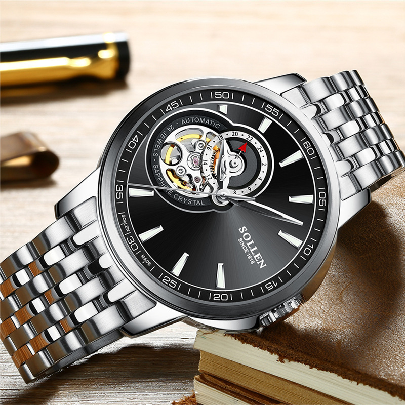 SOLLEN Men's Automatic Mechanical Watch with Skeleton Dial and Leather Strap