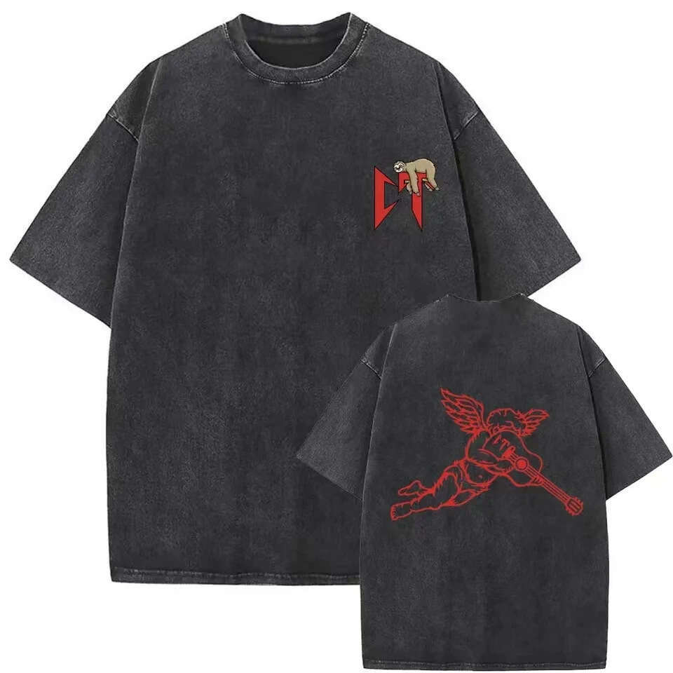 Wash water new loose T-shirt men's red heart letter Cupid love print pattern
