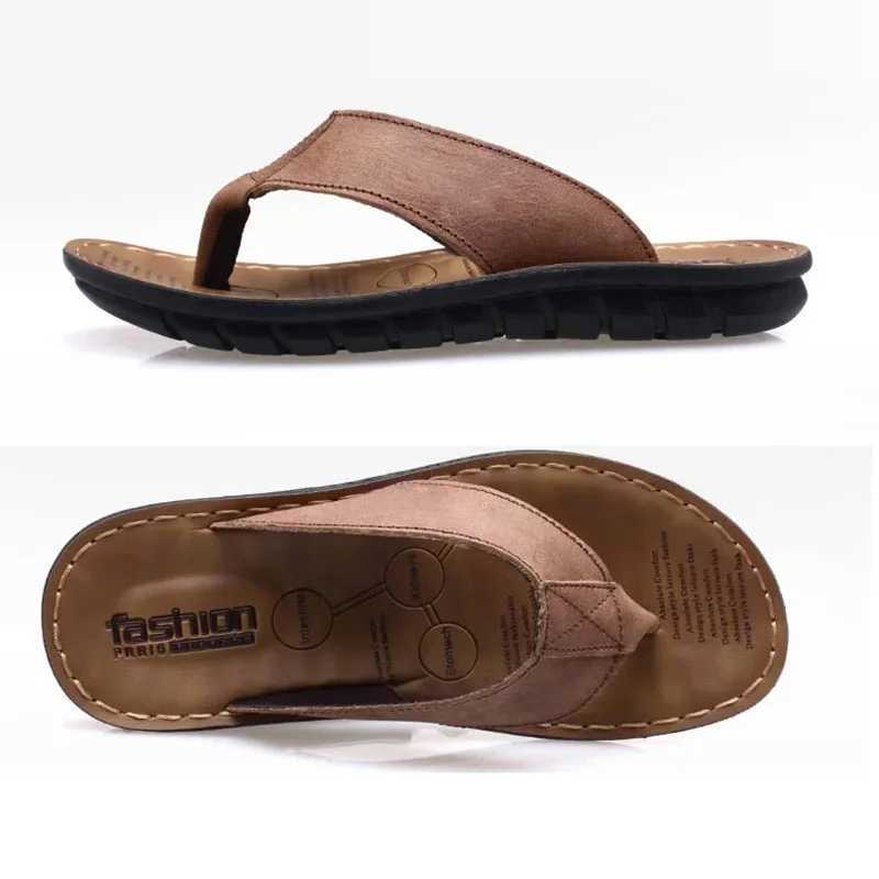 New Arrival Summer shoes mens slippers leather mens flip flat mens sandals holiday non slip black khaki A673 T250108
