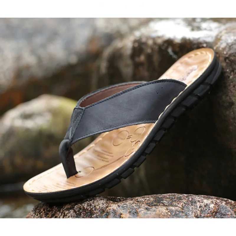 New Arrival Summer shoes mens slippers leather mens flip flat mens sandals holiday non slip black khaki A673 T250108