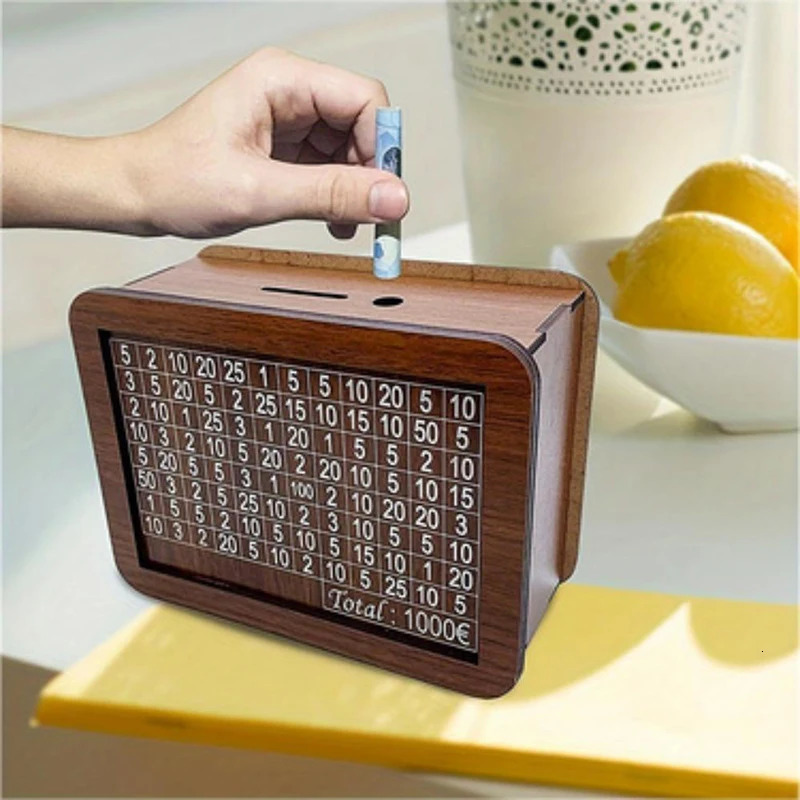 Wooden cash box with counter wooden piggy bank cash box savings target of 1000/3000/5000/10000 euros 250103