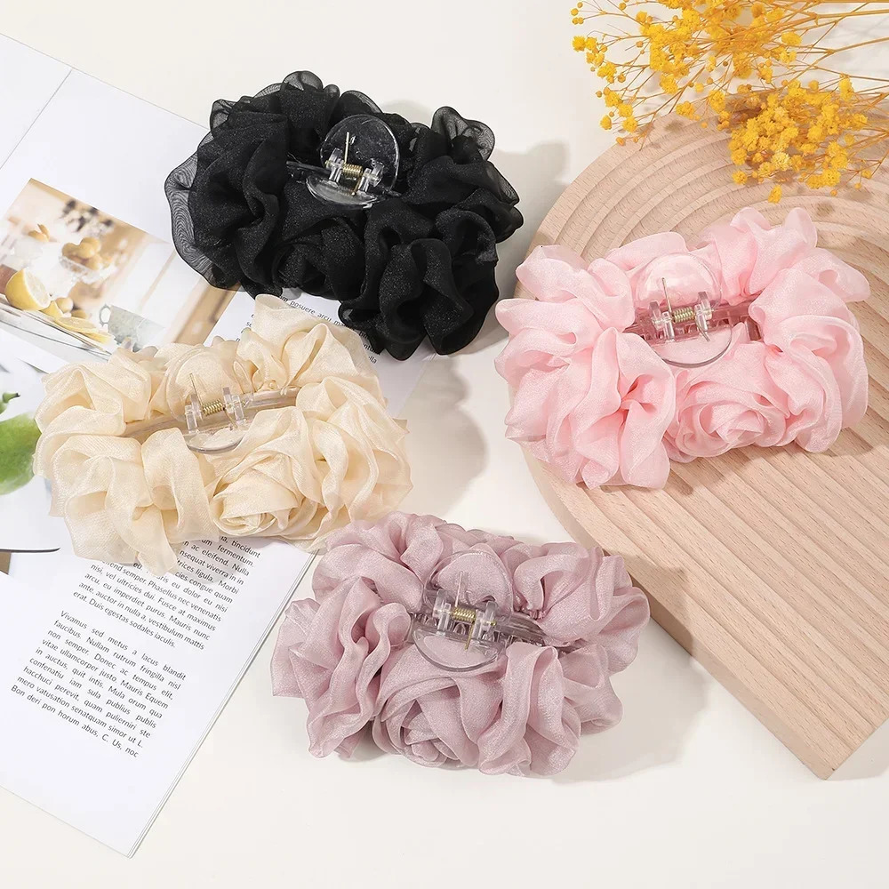 1pc 13cm Chiffon Fabric Bow Hair Clip Large Simple Sweet Womens Gripper Back Head Shark Clip Holiday Hair Accessories Gift 250103