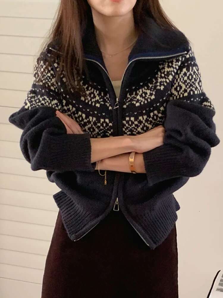 Vintage Womens Cardigans Casual Long Sleeve Chunky Fall Winter Button Down Fair Isle Cardigan Sweaters Zipper Knit Tops