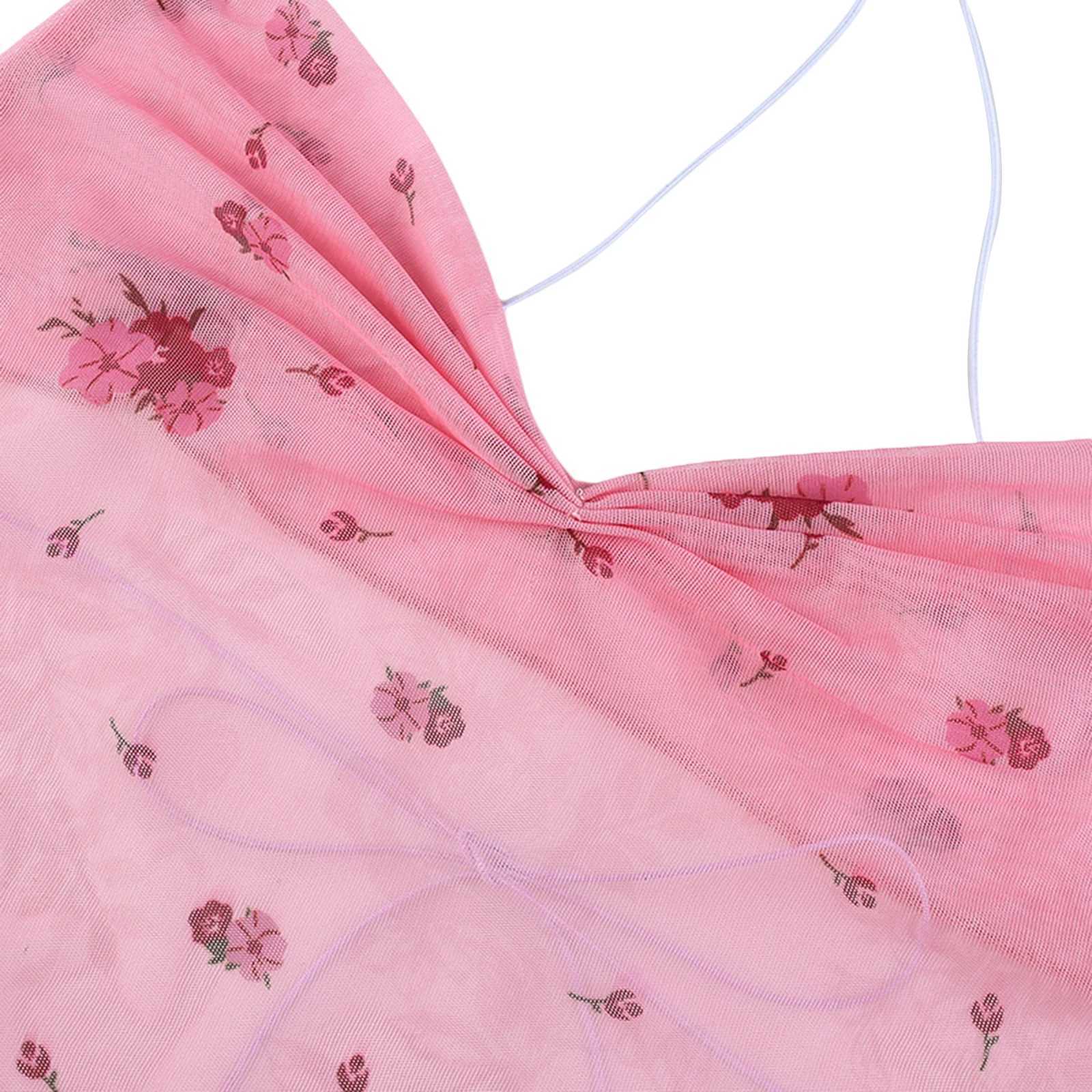 Womens Fairycore Sexy Swt Shr Mesh Camisol Cashless Italian Strap Floral Print Cris Cross Tie Back Crop Camisol Top W250109