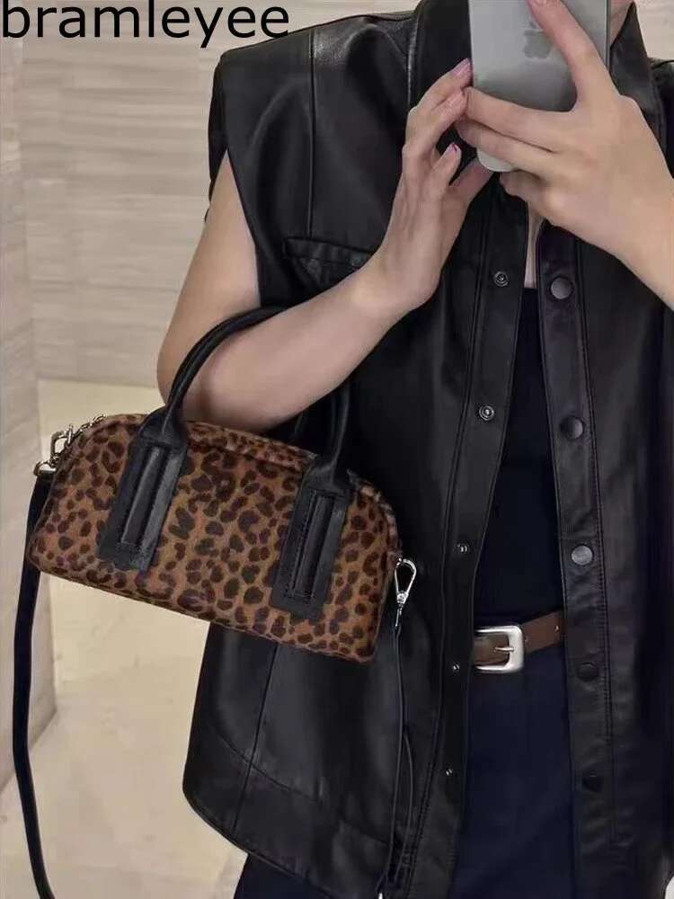 2025 Winter Leopard Grain Horsehair / Suede Cow Leather Boston Pillow Tote Blue Neche Design Women Handbag Shoulde Bag