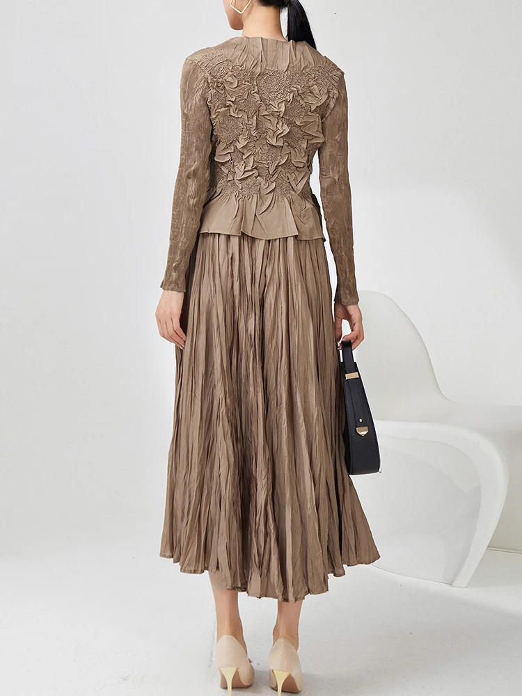 GVUW Pleated 2 Pieces Set Niche n Women Full Sleeve Tops A Line Skirt Loose Solid Color 2025 Lady Sets 17G8434 250109
