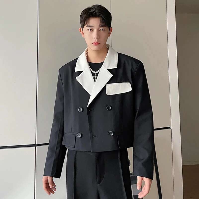 Korean Original Fashion Color Contrast Collar Design Short Blazer Coat Men's New Casual Trendy Elegant Jacket