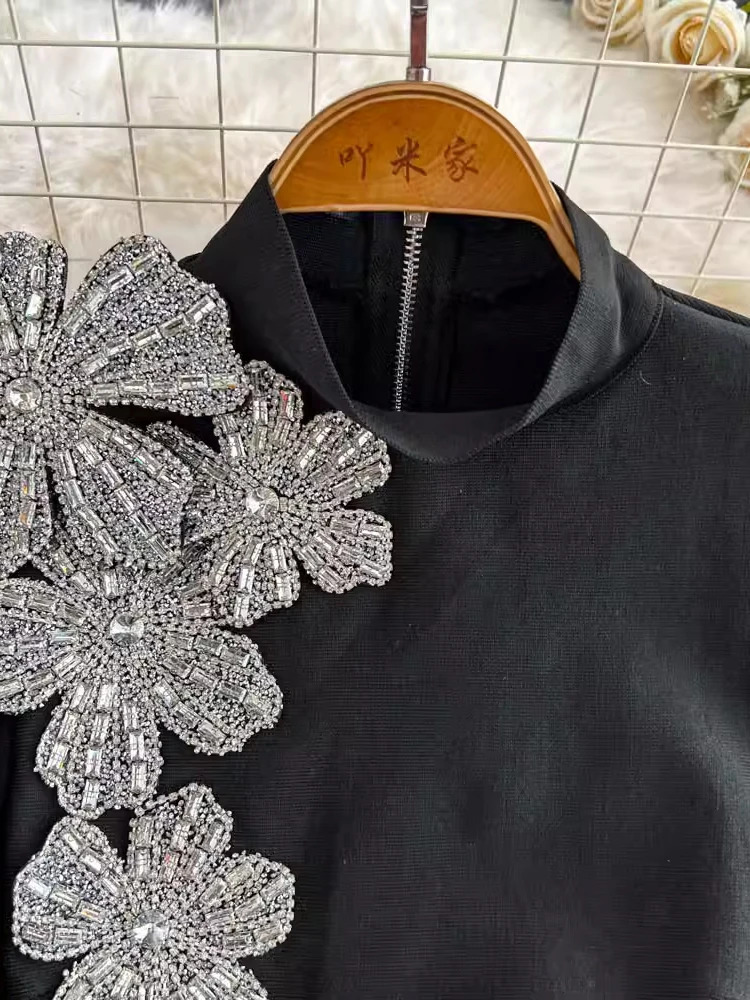 EWQ Elegant Two-piece Set Womens Stand Collar Long Sleeves Diamond Tops With High Waist Split Skirts 2025 Spring 27X1917 250109