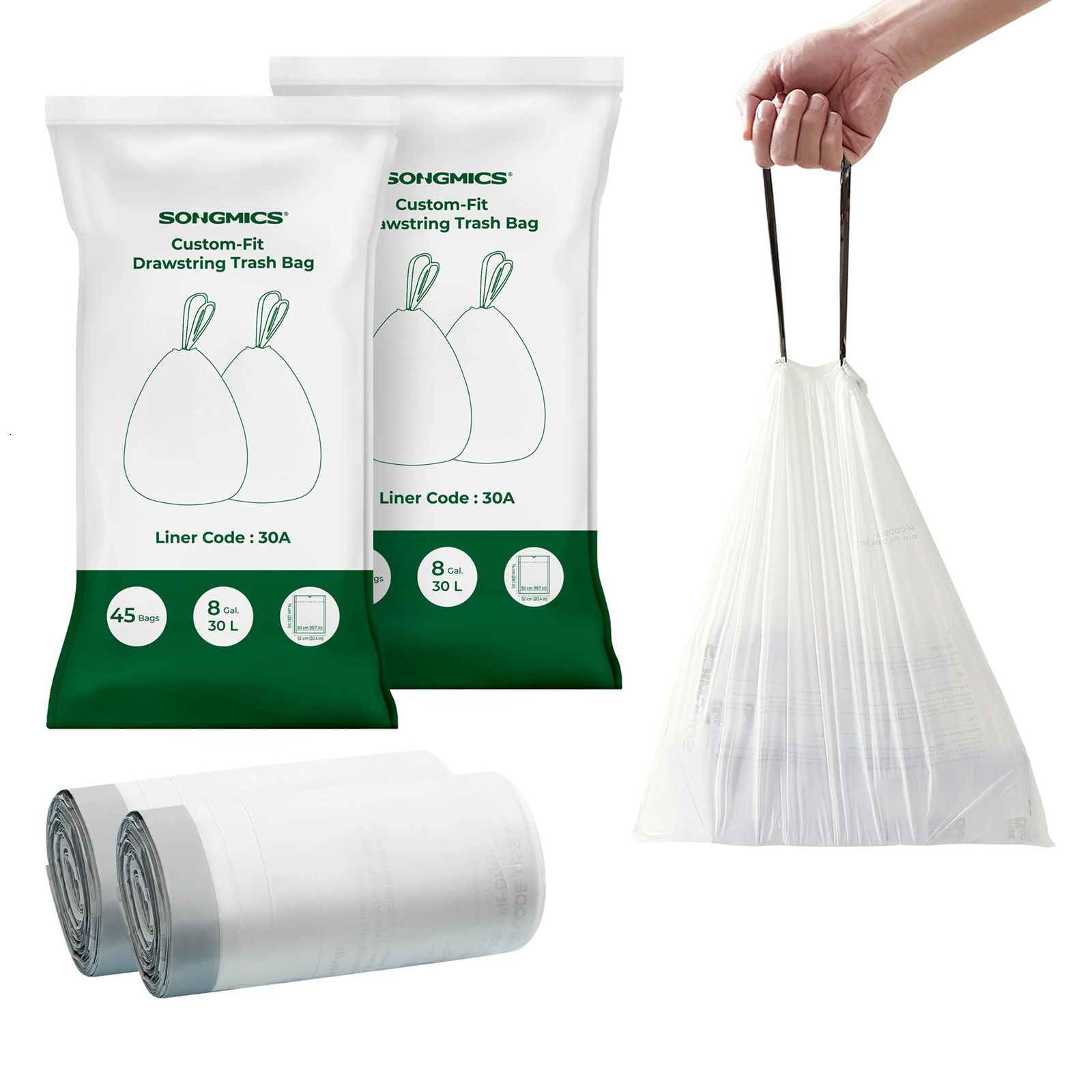 SONGMICS Trash Bags for 8-Gallon 30L Trash Cans 90 Count Drawstring Kitchen Garbage Bags Pre-Separated Liner Code 30A 250106