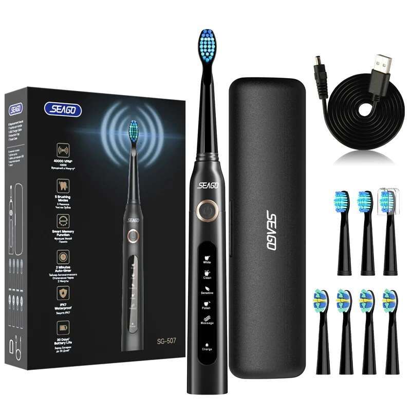 Seago Electric 5 Brushing Modes USB Rechargeable Toothbrush for Adult with 9 Refills Travel Box Wateproof Teeth Brush