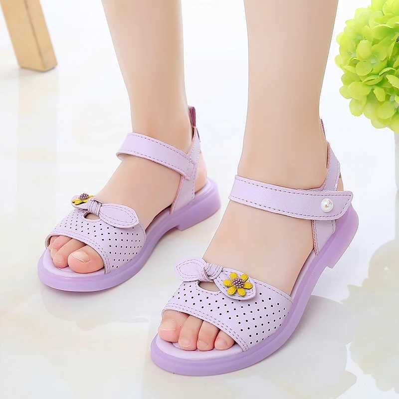 2024 New Girl Sandals Hollow Bow Flower Cute Childrens Fashion Princess Casual Shoes Platform Summer Hook and Loop Soft Edition W250108