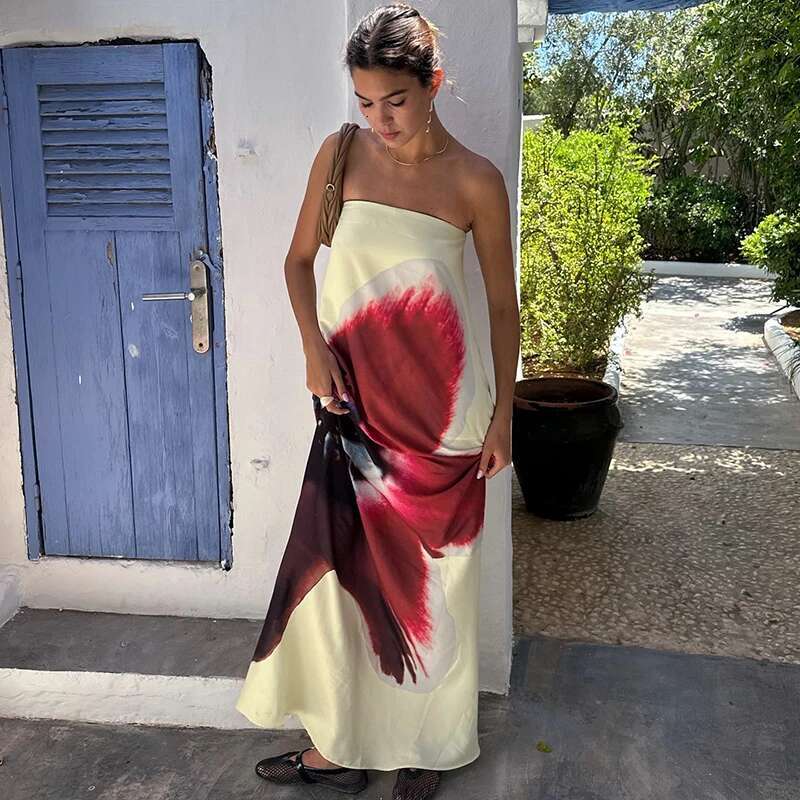 CUTENOVA Sexy Strapless Print Ral Belt Women Maixi Dress Yellow Backless High Waist Dresses Summer Holiday Elegant Beachwear