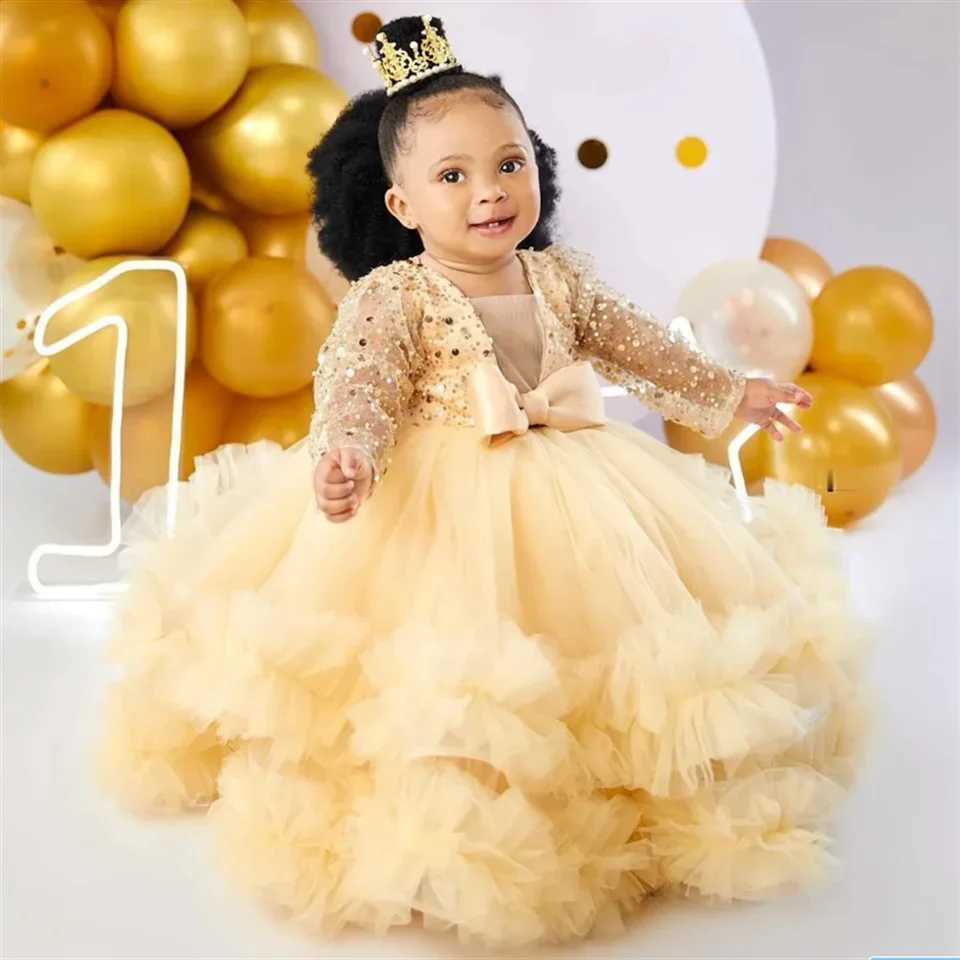 Beau Contest Sequined Pink Flower Girl Dresses V Neck Long Sleeves Lace Tiered Tulle Ball Gowns Flowergirl Dress BirthdayXJ250108