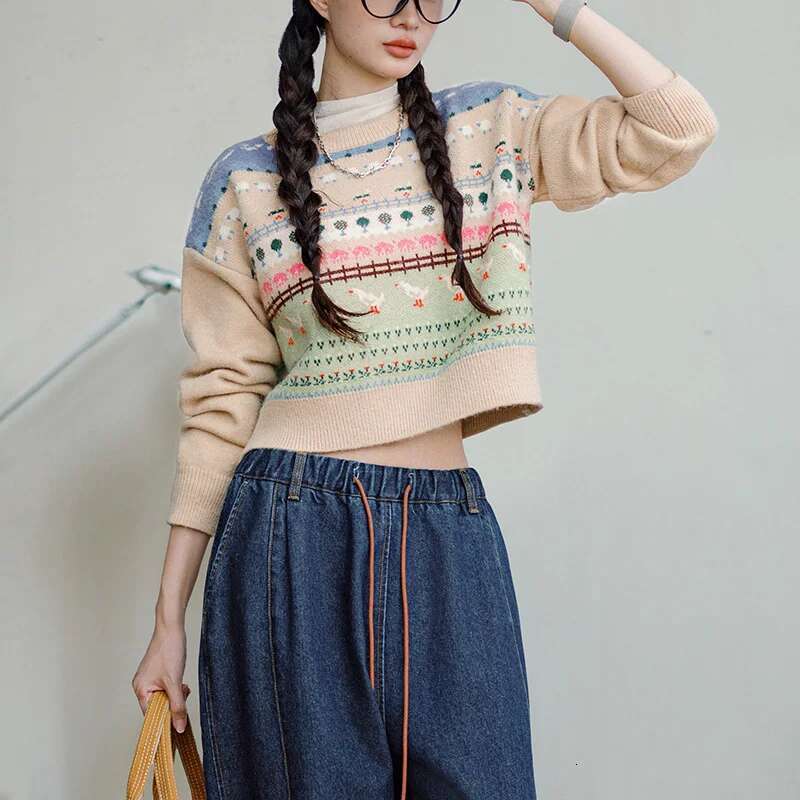 Maden Vintage Sweater With Animal Patterns Round Neck Versatile Pullover For Women's Autumn Winter Fair Isle Knitted Inner Wear