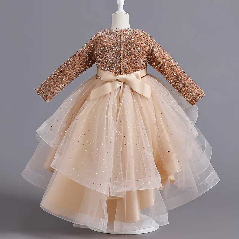 Flower Girls Princess Sequins Wedding Luxury Gown Christmas Par Trailing Dress Kids Long Sleeve Elegant Vestidos For 3-12 YearXJ250108