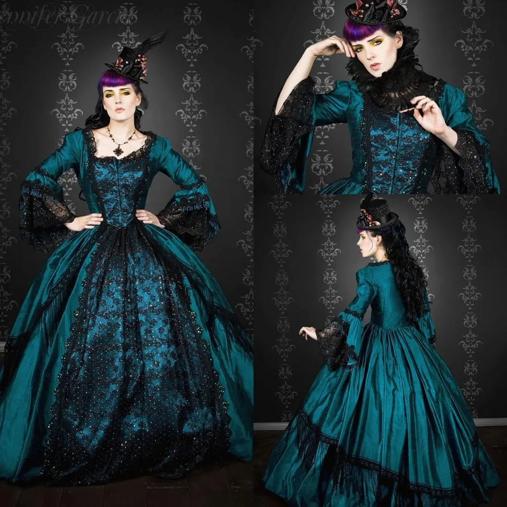 Black Lace Gothic Prom Dresses With Flare Long Sleeves Medieval Special Occasion Ball Gown Masquerade Dress For Women 2025 Vintage Vestido De Novia