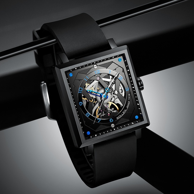 Fashionable SOLLEN Men's Square Skeleton Watch with Rubber Band