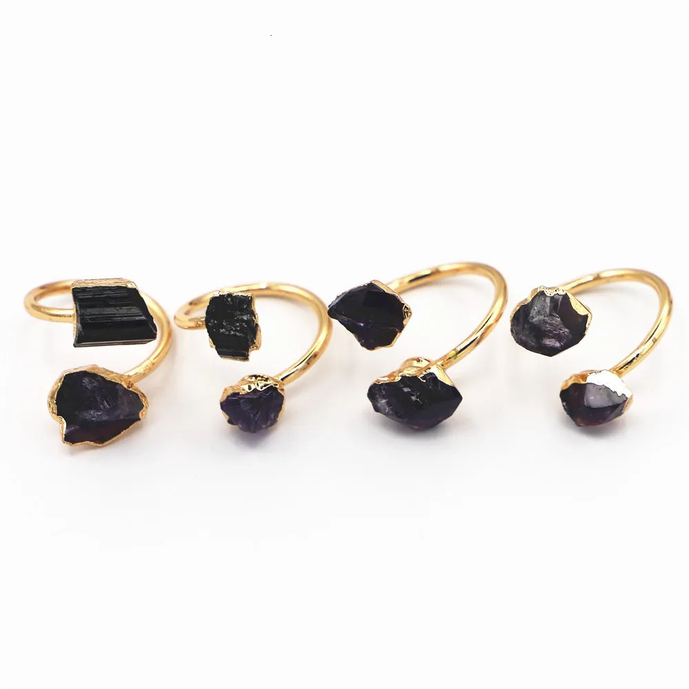 Natural Stone Black Tourmaline Amethyst Ring Slice Handmade Electroplated Goldtone Plated Free Form From Brazil Style 4PCS 250106
