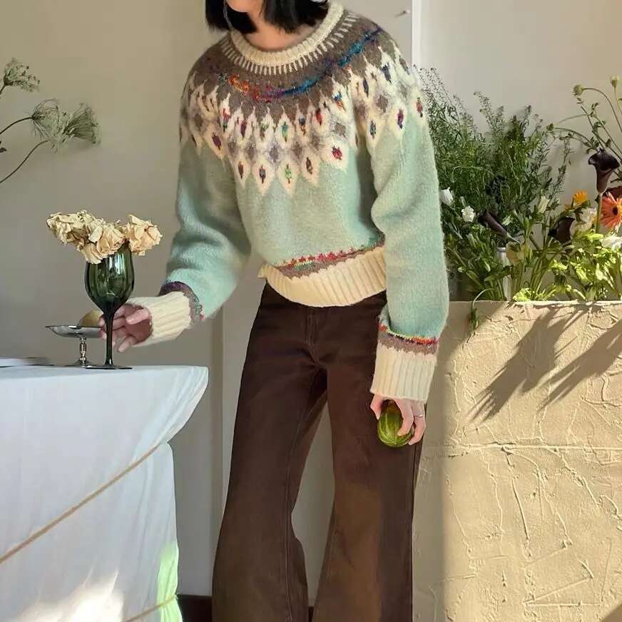 Vintage Fair Isle Jacquard Sweater For Women Argyle Aesthetic Knitted Pullover Crop Top Sweet Girls Winter Clothes Loose