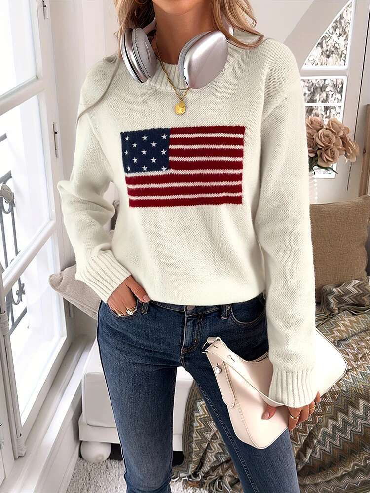 Plus Size Autumn And Winter New National Flag Pattern Women's Comfortable Loose Casual Sweater