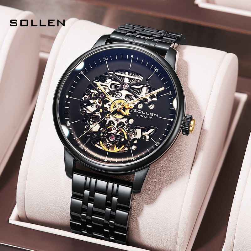 Men's Automatic Mechanical Watch with Curved Skeleton Steel Band and Night Glow