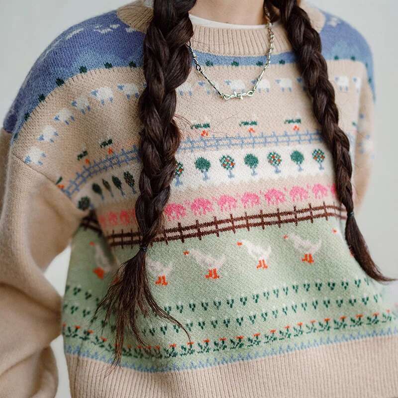Maden Vintage Sweater With Animal Patterns Round Neck Versatile Pullover For Women's Autumn Winter Fair Isle Knitted Inner Wear