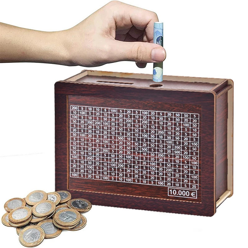 Wooden cash box with counter wooden piggy bank cash box savings target of 1000/3000/5000/10000 euros 250103