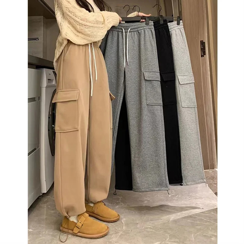 Plus Velvet Cargo Pants Women Men High Waist Drawstring Baggy Trousers Harajuku Big Pocket Oversized Wide Leg Sweatpants 250109