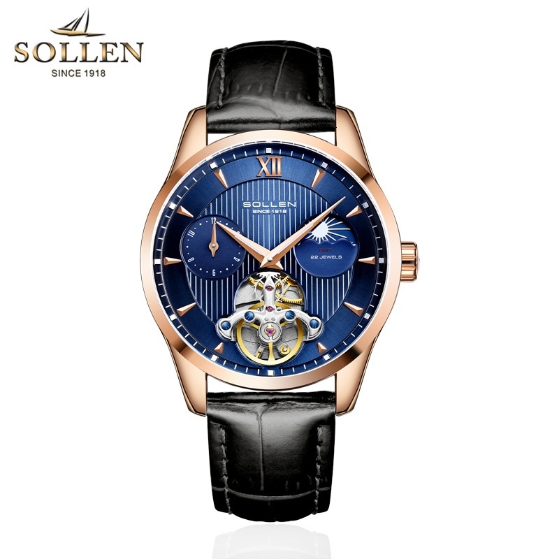 SOLLEN Men's Automatic Mechanical Watch with Skeleton Dial and Dual Time Zone