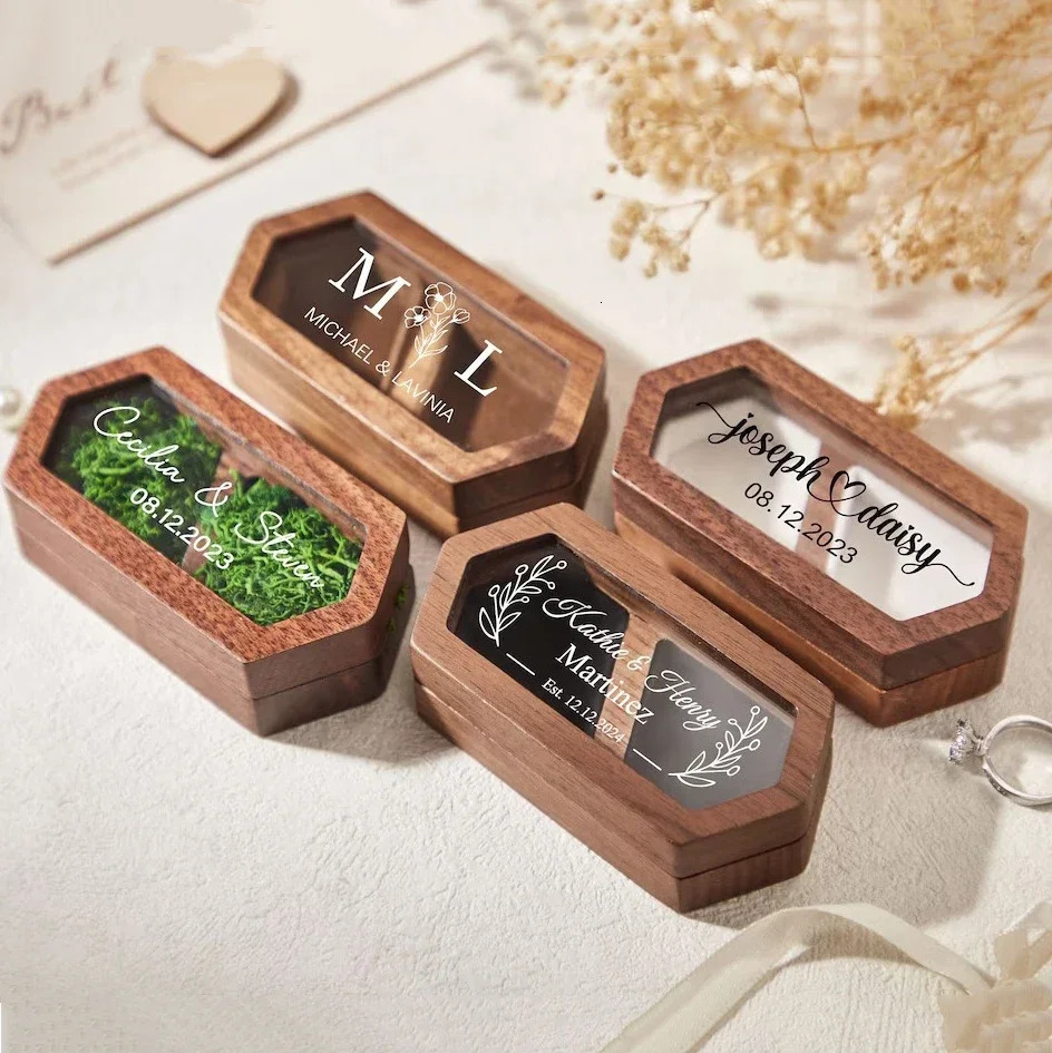 Personalized Wooden Ring Box with Acrylic Cover Custom Engraved Engagement Ring Holder Unique Wedding Ceremony and Proposal Gift 250106