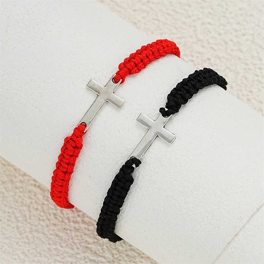 Tren Black White Cross Bracelets for Women Men Faith Btism Couple Gift Silver Color Rope Chain Matching Bracelets JewelryXJ250109