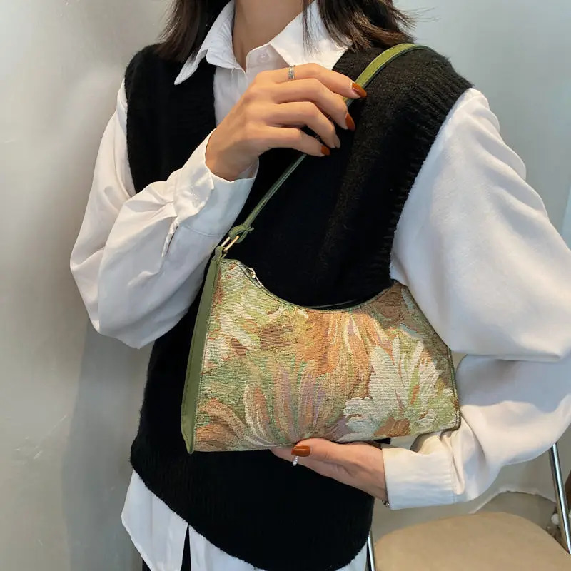 Fashion Vintage Women Oil Painting Shoulder Bags Ladies Simple Flower Female Armpit Hobos Bags Small Clutch Handbag 250106